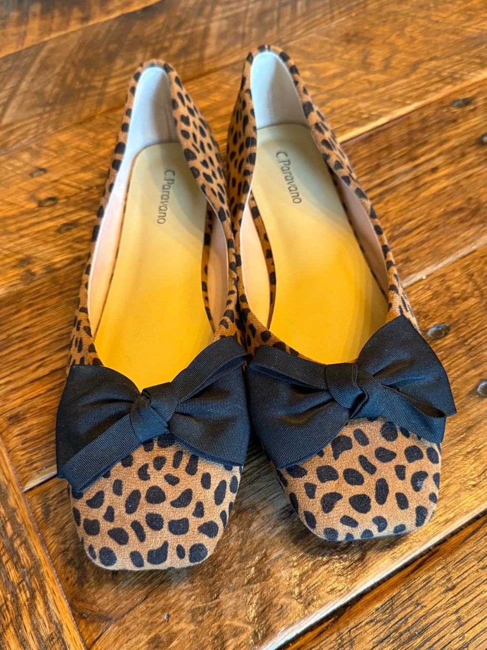 C. Paravano Leopard Print Bow Flats in Brown and Black